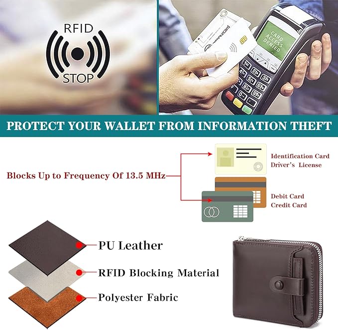 Zipper Wallet for Men Leather Bifold Pocket Wallets RFID Blocking Zip Coin Credit Card Wallets -Big Capacity For Travel