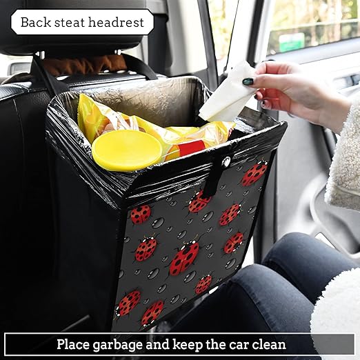 Ladybugs Scarab Dark Gary Car Trash Can Foldable Hanging Car Trash Bag Bin Auto Garbage Can Leak-Proof Car Organizer(Large)