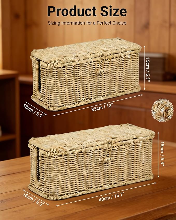Handwoven Rattan Cable Management Box, Basket to Hide Cords, Open Slots Hider Boxes, Wicker Charging Station Storage Box, For Desk Outlet Covers for Power Strip TV Pc Router(Beige L)