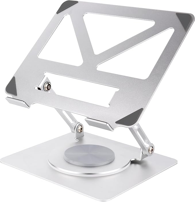 360 Rotating Aluminum Laptop Stand, Adjustable & Foldable Ergonomic Computer Stand, Compatible with MacBook, iPad, Dell, HP up to 16 Inches for Home & Office, Silver