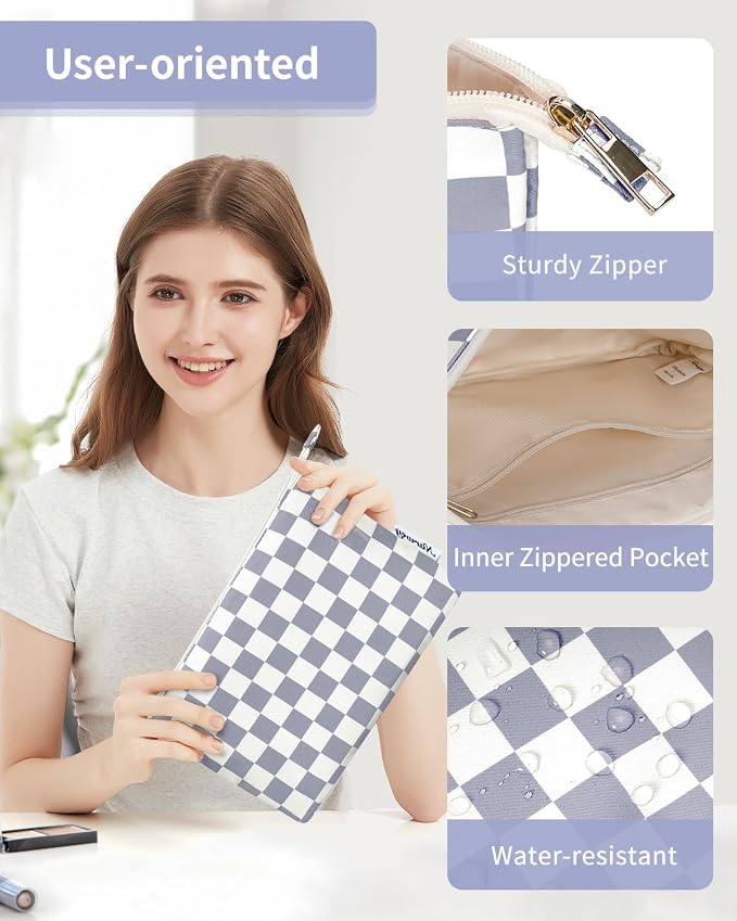 Narwey Small Checkered Makeup Bag for Purse Small Cosmetic Bag Women Travel Makeup Pouch Zipper Pouch (Grayish Blue Checkerboard)