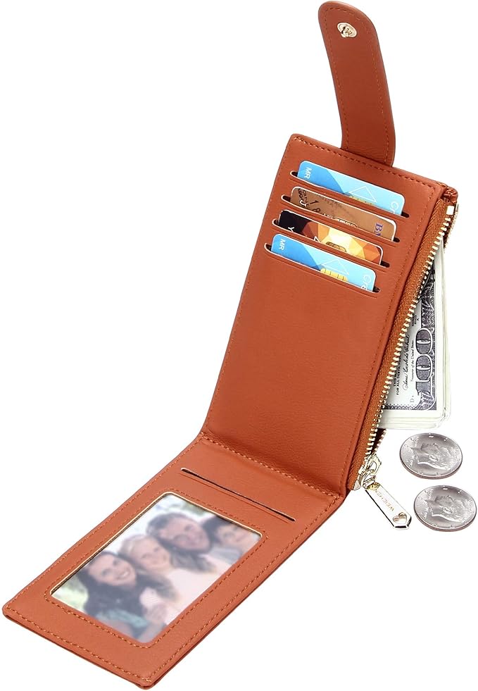Badiya Slim Women Wallet RFID Blocking Bifold Compact 9 Card Slots Holder Wallets Soft Leather with Zipper Coin Pocket 2 ID Window