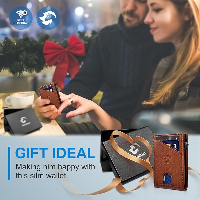 Wallet for Men, Slim Pop Up Card Holder with RFID Blocking, Minimalist Bifold Wallet with 9 Card Slots, ID Window and Cash Pocket, Metal Flip Case with Magnetic Closure, Gift Box