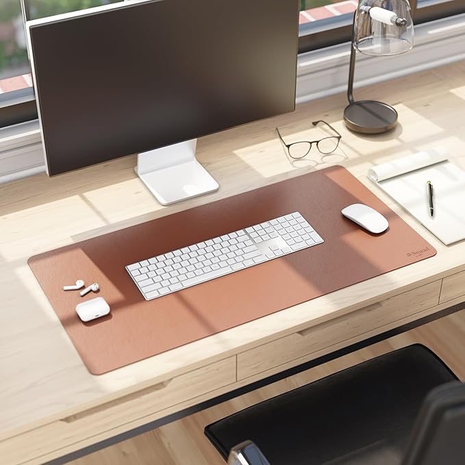 Smead Desk Pad, Vegan Leather Desk Mat with Non-Slip Faux Suede Backing, Perfect Desk Organizer for Office Decor, 31.5” x 15.7” Medium, Saddle (64832)