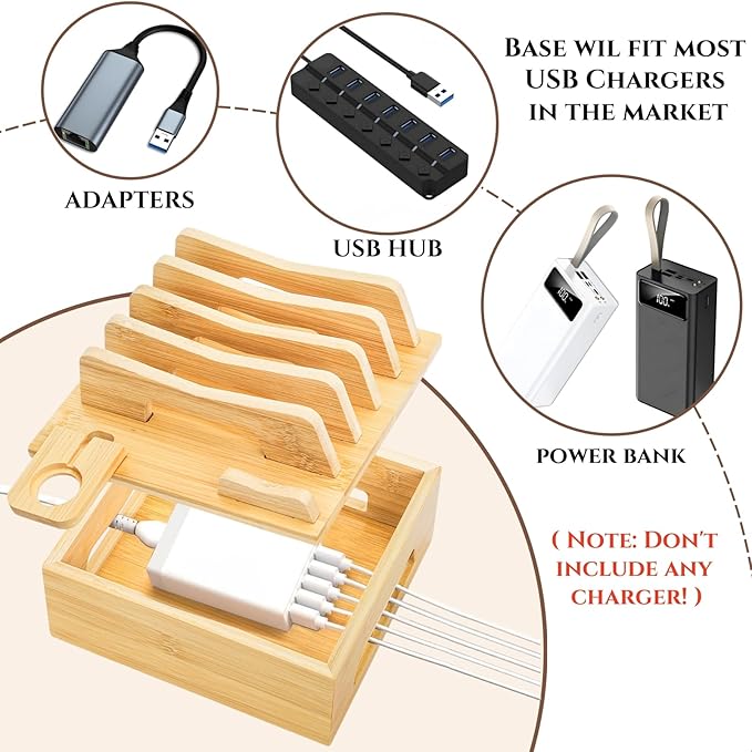 Bamboo Charging Station for Multi Devices, Small Desktop Docking Stand, Cell Phone Docking Station Charger Organizer for Tablets, Smart Watch (No USB Charger No Charging Cables)