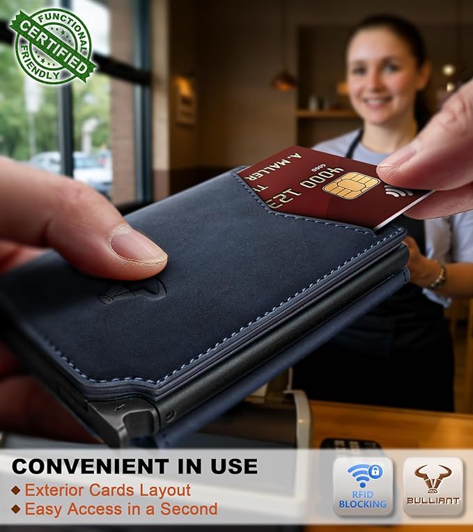 BULLIANT Men Wallet Leather Wallet Card Holders Money Clip for Men 10Cards-Magnetic Flip on Metal Case