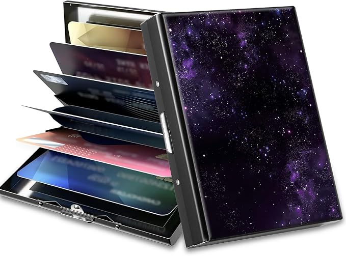 Slim Credit Card Holder, Purple Galaxy RFID Blocking Metal Wallet for Men & Women, Aluminum Minimalist Hard Case Pocket-Sized Business Cards Organizer (Fits Up to 10 Cards)