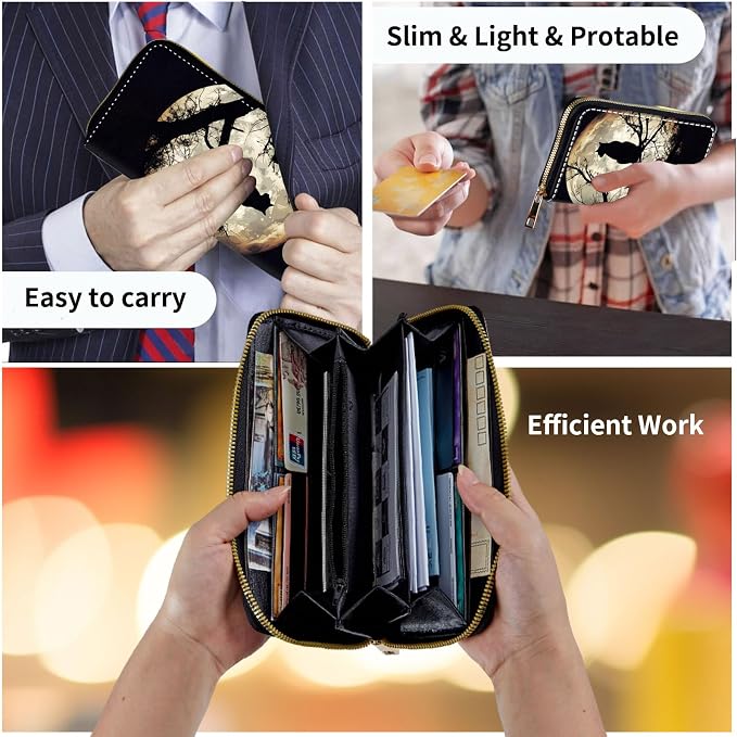 Wallet,Leather Long Wallet Suitable For Ladies And Teenagers - Detachable Wristband + RFID Travel Wallet With Card Slot - Cat and Moon