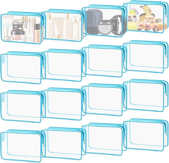 YedsIntu 16 Pieces Clear Cosmetic Bags, PVC Clear Pouch with Zipper TSA Approved Toiletry Bag for Travelling, Waterproof Transparent Travel Makeup Cosmetic Organizer Case for Men and Women (Blue-M)