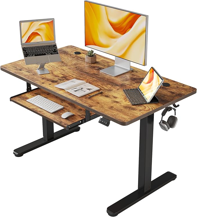 FEZIBO Standing Desk with Keyboard Tray, 40 x 24 Inch Adjustable Height Sit Stand Desk with Memory Presets for Home Office, Ergonomic Computer Workstation, Rustic Brown