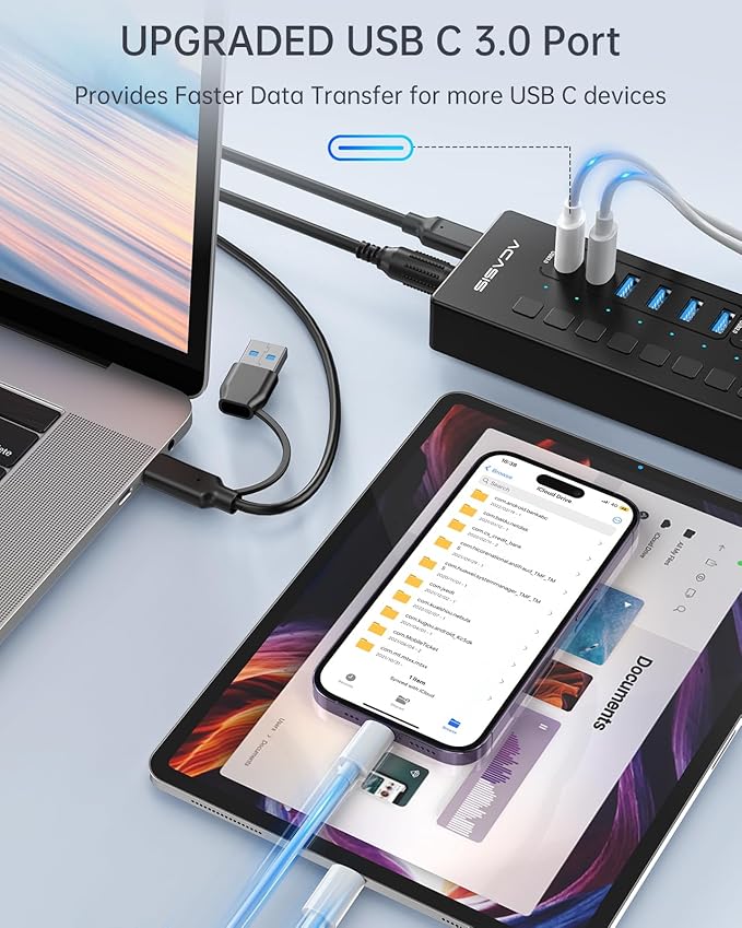 Powered USB 3.0 Hub, ACASIS 16 Port USB Hub Powered(Include 2*USB C 3.0+4 Smart Charging Port) with 60W Power Adapter, Support Wall Mount, USB Hub for PC Laptop, Mac, Printer, Camera