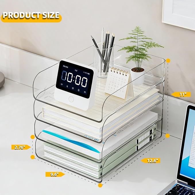 HIYOHIYO Clear Office Desktop Organization for A4 Letter Paper, 4-Tier | Vertical Style, Stackable, Large Capacity, Sturdy Office Organizer for File Folder, Stable Home Desk Holder and Storage