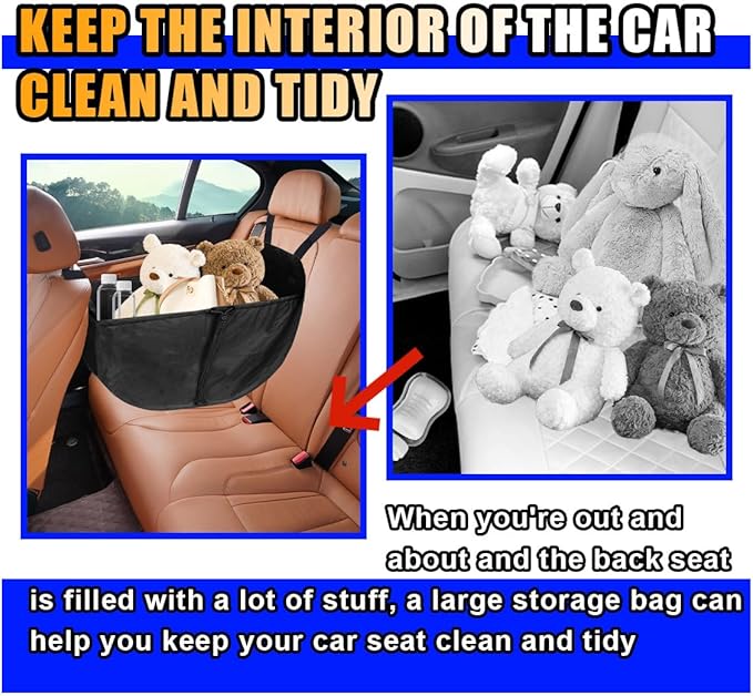 Car Seat Organizer - Large Capacity Passenger Seat Organizer, Collapsible Car Hammock Storage Bag Auto Backseat Organizer, Reusable Tote with Drawstrings, Road Trip Essentials for Adults Kids (Black)