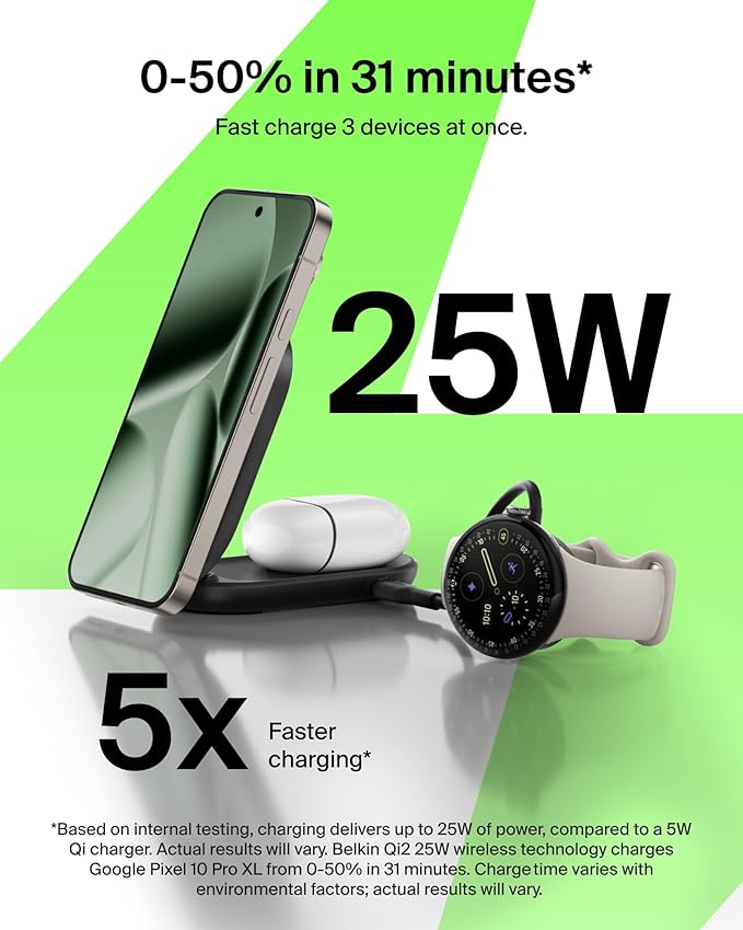 Belkin MagSafe Charger, Compatible 2-in-1 Charging Station, Qi2.2 25W Magnetic Wireless Charger iPhone, Foldable Stand, with 5W USB-C Port, for iPhone 17/16/15, Pixel 10, AirPods, 45W Adapter Included
