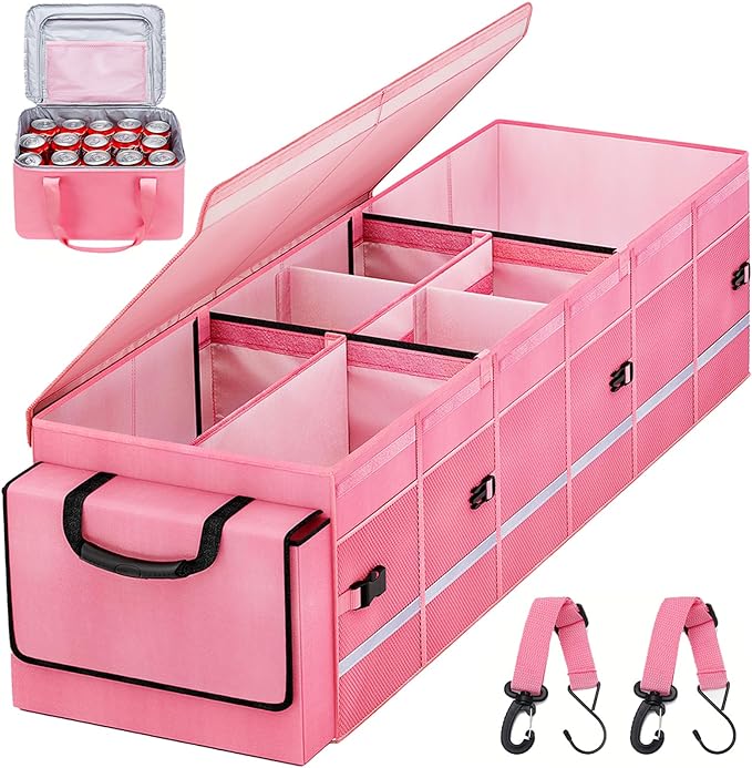 Car Trunk Organizer and Storage with Lid & Removable Leakproof Cooler Bag, Car Accessories 6 Removable Dividers for Custom Space, Collapsible Large Trunk Organizers Interior for SUV & Sendan, Pink