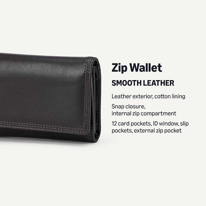 Amazon Essentials Women's Long Flap Continental Leather Wallet with Snap Closure, Dark Brown, One Size
