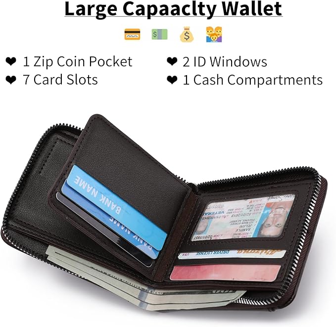 Zipper Wallet for Men Leather Bifold Pocket Wallets RFID Blocking Zip Coin Credit Card Wallets -Big Capacity For Travel