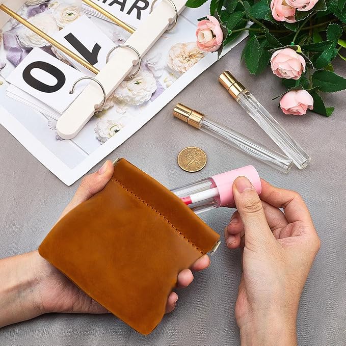 Genuine Leather Mini Squeeze Coin Purse Pouch Small Coin Wallet Change Holder Portable Leather Pocket Cosmetic Bag Travel Makeup Lipstick Pouch Crimp Closure for Women Men