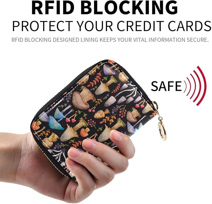 Mushroom RFID Credit Card Holder Wallets Accordion for Women Leather Zipper Card Case Accordion Wallet for Ladies Girls