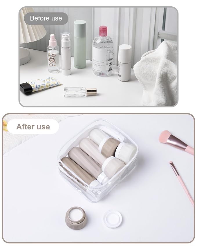 Mrsdry Travel Bottles for Toiletries 8 Pack, Travel Size Toiletries, Tsa Approved Travel Size Containers 3oz, with Travel Essentials Clear Bag, Leak Proof Silicone Squeezable Creams Jars