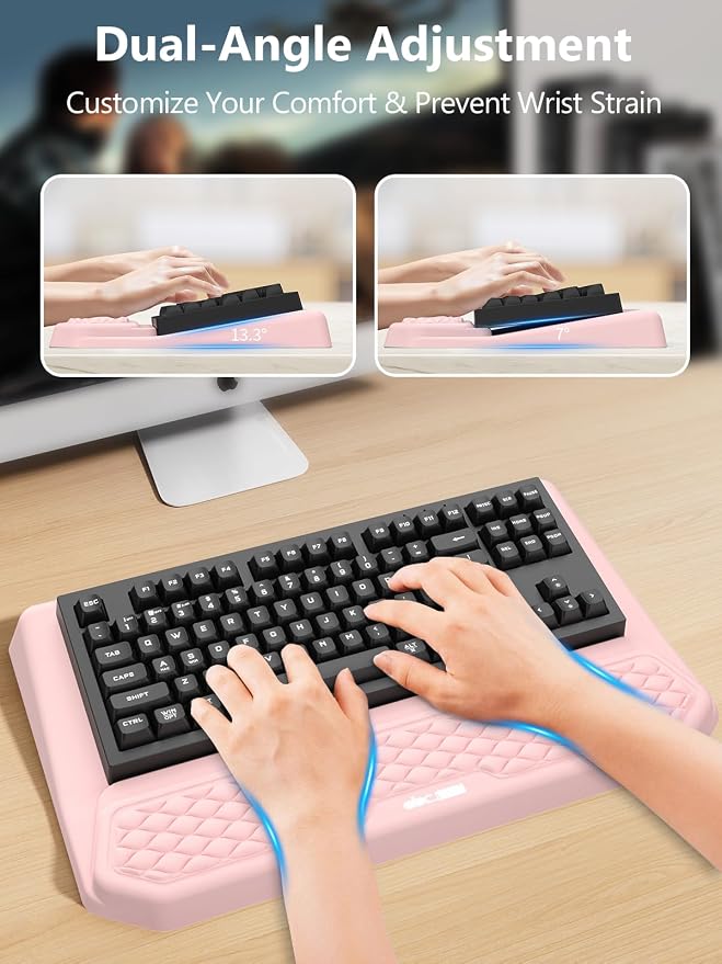 2-in-1 Ergonomic Keyboard Stand with Wrist Rest, Comfy Keyboard Riser Holder with Massage Design, Pink