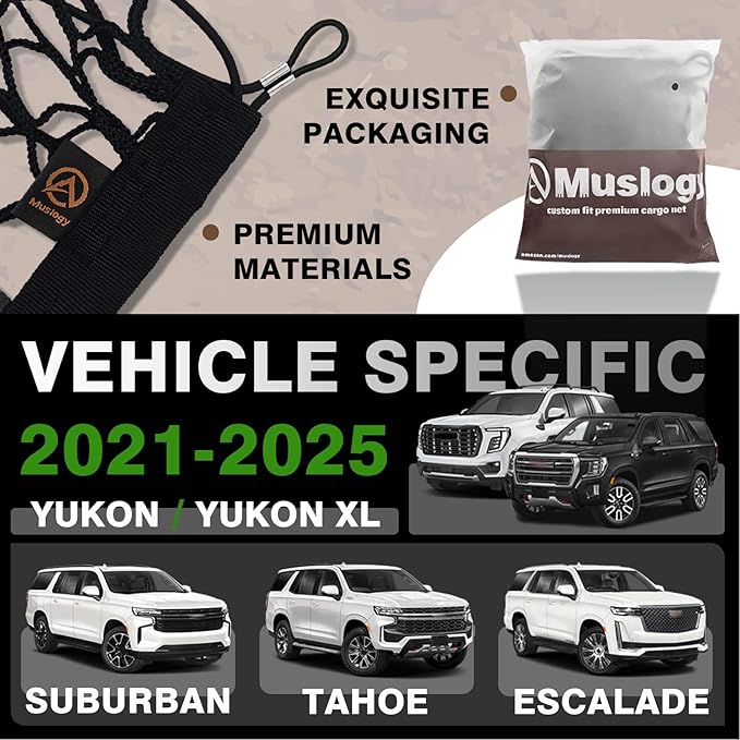 Muslogy Truck Bed Cargo Net Trunk Netting Compatible with 2021-2026 Chevy Suburban&Tahoe|GMC Yukon&Yukon XL| Escalade Accessories, Pickup Cargo Organizer SUV Sedan Storage Net w/Heavy Duty Carabiners