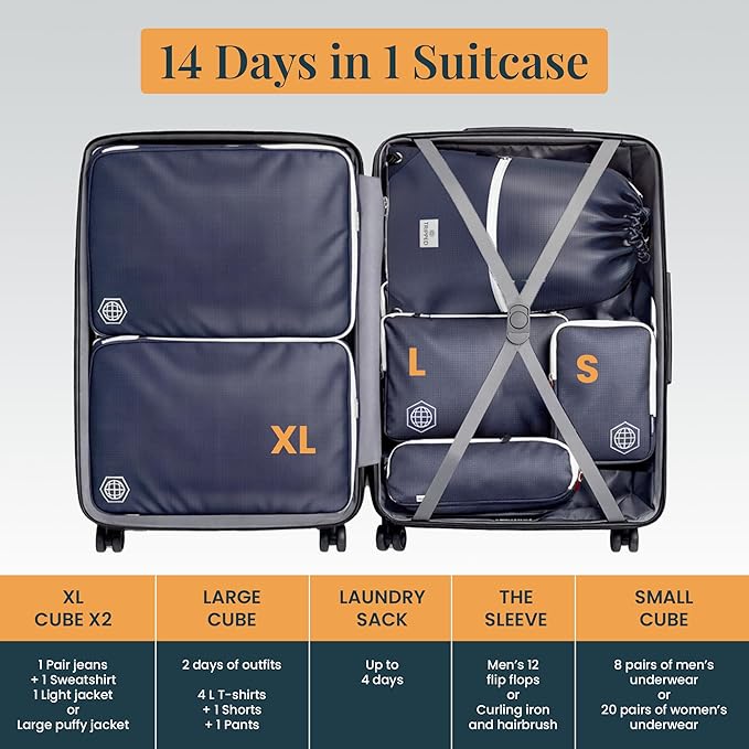 Extra Large Compression Packing Cube 6 Piece Set for Travel and Check Luggage by TRIPPED Travel Gear