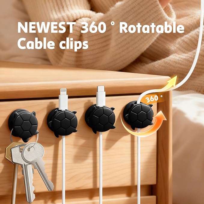 8 Pack Rotatable Cable Clips, Cord Organizer Spring Clip Cord Holder for Nightstand Charging Cable Organizers Cable Management for Desk Office Car Wall (Black)