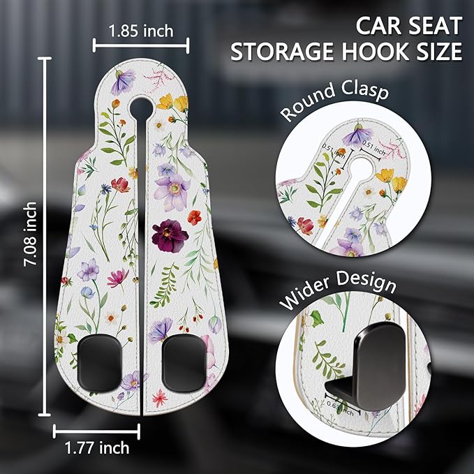 Blusabaca 2PCS Car Seat Back Storage Headrest Hooks, Flowers Floral Purse Holder Bags Hanger, PU Leather Double Metal Hook for Backseat Organizer, Women Car Accessories Organization