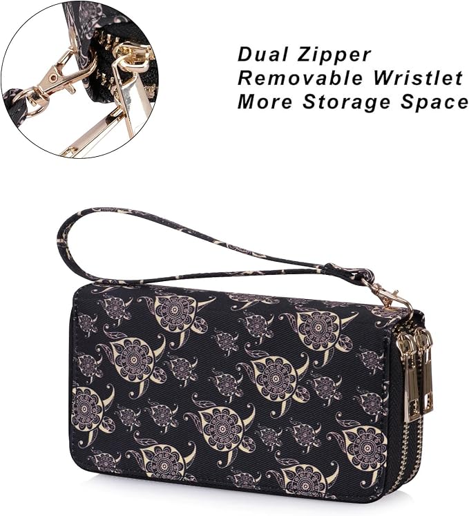 Cellphone Wallet for Women Dual Zipper Long Purse with Removable Wristlet