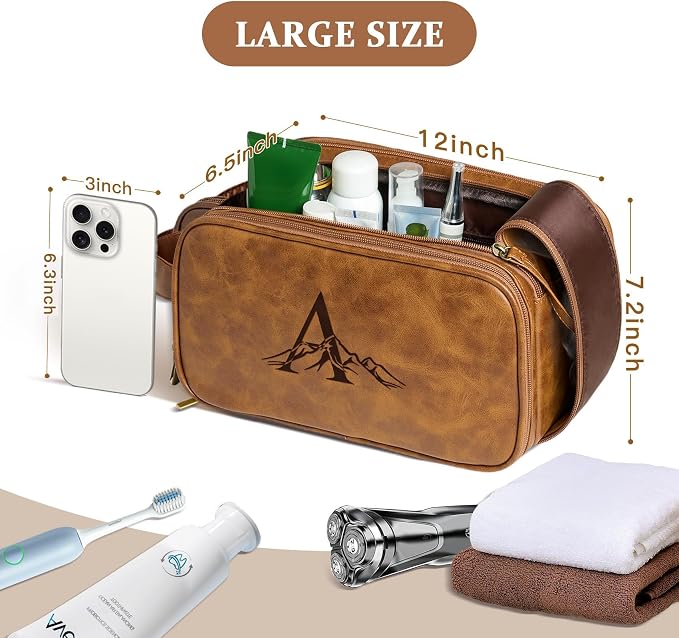 Janhavi Travel Essentials Toiletry Bag, Waterproof PU Leather Initials & Mountain, Groomsmen Gifts, Men's Accessories Organizer, Travel Bags for Men, Gifts for Men (Brown O)
