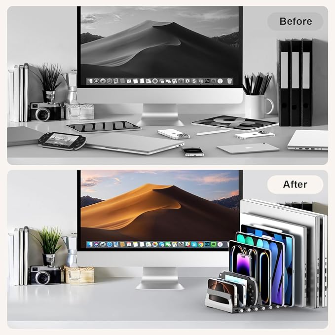 Elestoria 10-Slot Vertical Laptop Stand & Holder ??Adjustable Aluminum Laptop Stand Vertical for Desk Fits 10 Devices, MacBook & Gaming Laptops (Up to 17.3?? ??Space Saving Laptop Storage Rack - Grey