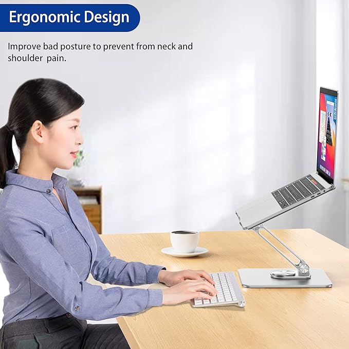 BESIGN LSX7 Laptop Stand with 360 Rotating Base, Ergonomic Adjustable Notebook Riser, Foldable Computer Holder Compatible with 10-15.6" Laptops (Silver)