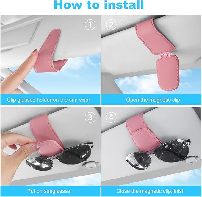 TCJJ Sunglasses Holders for Car Visor,Car Magnetic Glasses Holder Leather Sunglasses Clip and Ticket Card Clip Suitable for Car Interior Visor and Different Size Eyeglasses(Pink)