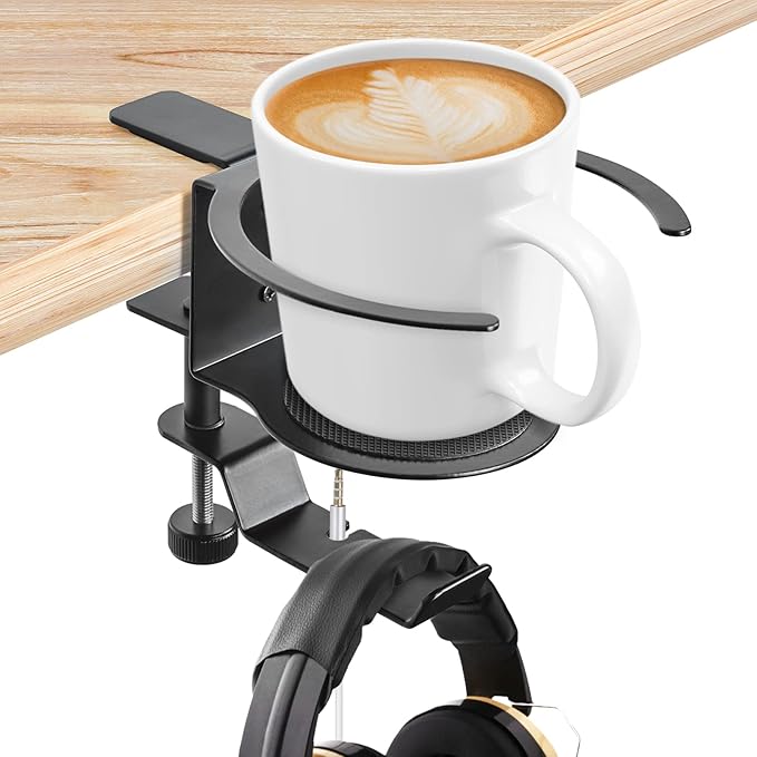 LBTING 2-in-1 Adjustable & 360 Rotating Office Gaming Accessories for Under Desk Headphone Stand, Hanging Headset, Holding Coffee Mug, Drinks, Water Bottle - Black