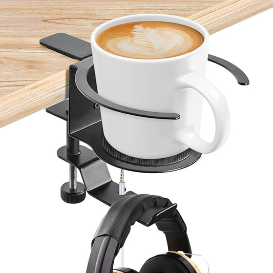 LBTING 2-in-1 Adjustable & 360 Rotating Office Gaming Accessories for Under Desk Headphone Stand, Hanging Headset, Holding Coffee Mug, Drinks, Water Bottle - Black