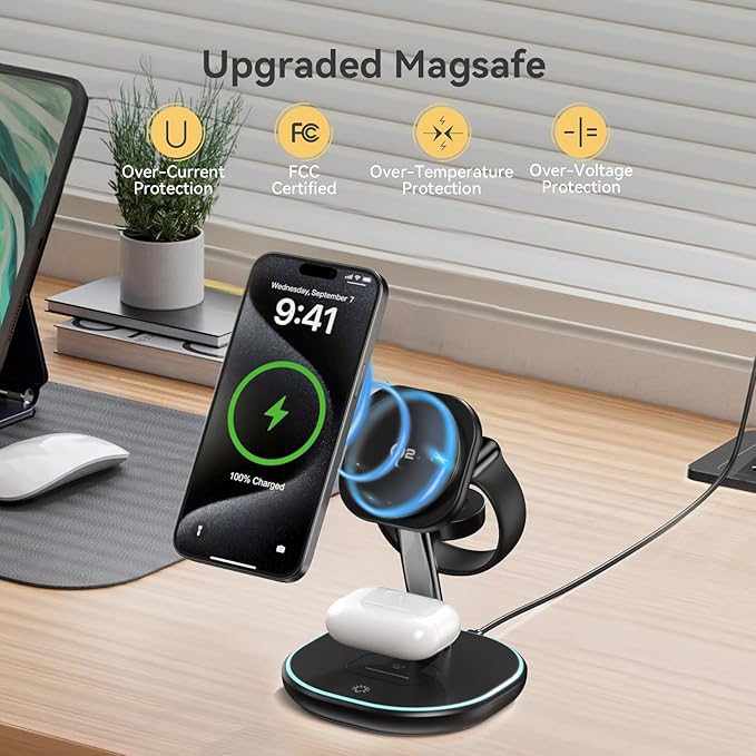 2026 3 in 1 Charging Station for Apple iPhone AirPods Watch with Mag-Safe Charger Wireless Charger Stand for iPhone 17 16 15 14 13 12 Series AirPods iWatch Series (30W USB-C Charger Included)