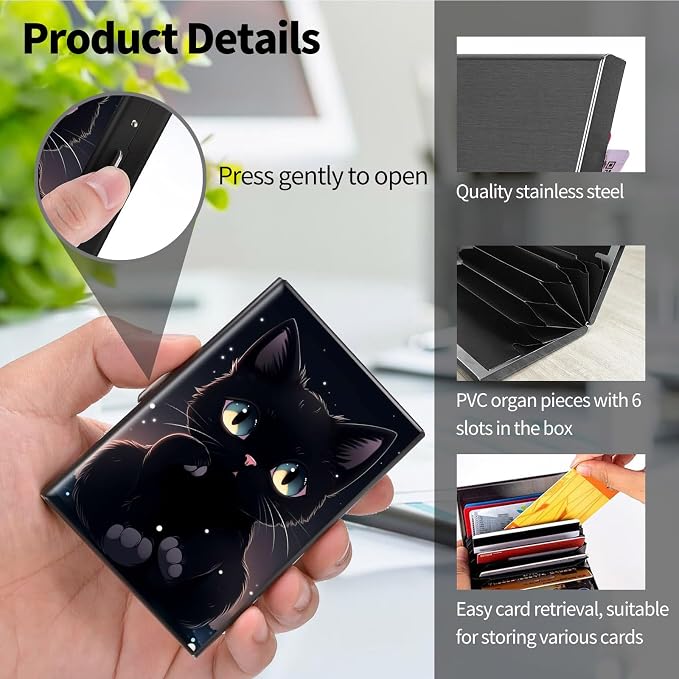Metal Wallet for Women Men Girls, RFID Blocking Slim Aluminum Credit Card Holder, Mini Travel Wallet with Hard Shell, Lightweight ID & Business Card Case,Cute Black Cat