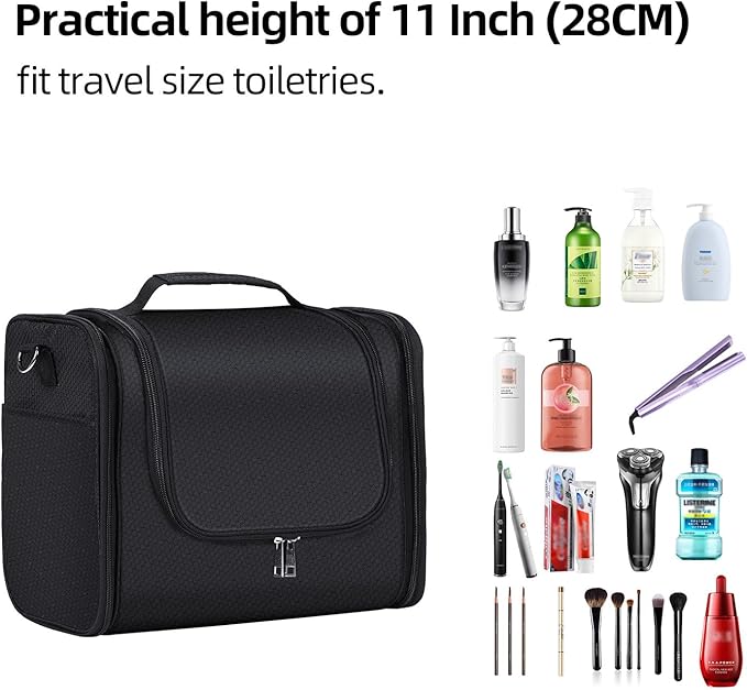 Buruis Extra Large Toiletry Bag for Women and Men, Hanging Travel Bag with Detachable Shoulder Strap for Full-Sized Toiletries, Water-Resistant Dopp Kit for Family Use and Long Trips, Black