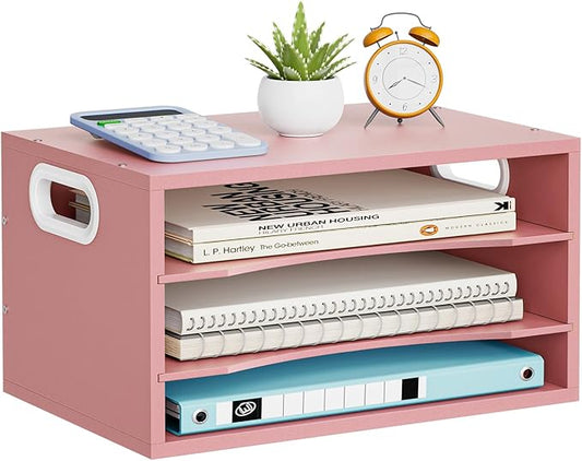Marbrasse 3-Tier Wood Desk Organizer, Paper Letter Tray Organizer for Desk, Wooden Desktop File Organizer with Handle and Paper Sorter Mail Holder for Office School & Home Supplies Organization-Pink