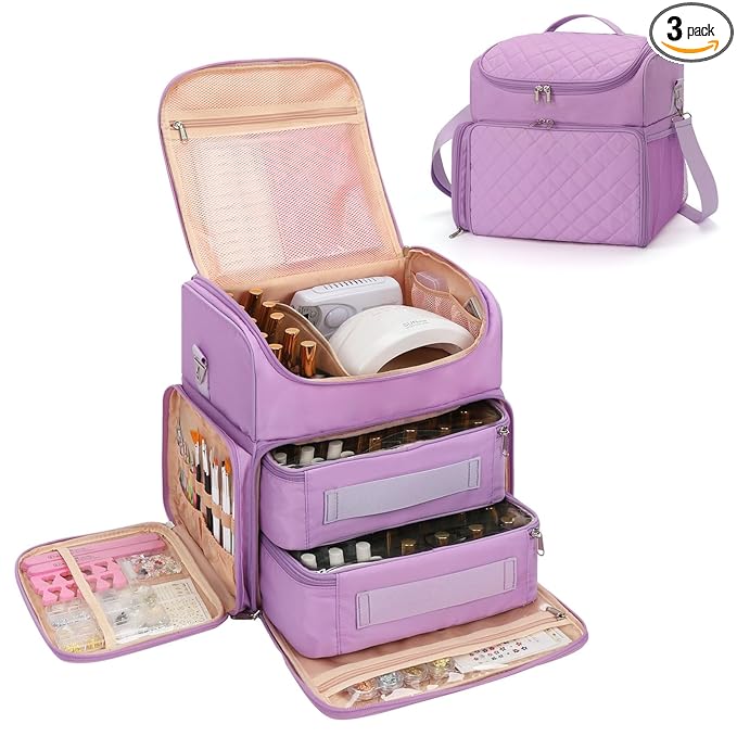 CUBETASTIC Extra Large Nail Polish Organizer Case Holds 86 to 100+ Bottles Nail Polish & Nail Lamp, Nail Supplies Storage Carrying Bag with 2 Removable Pouches (Purple, 86 Slots)