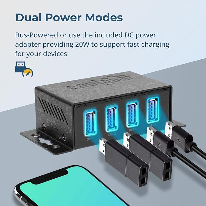 Coolgear 3.2 Gen 1 USB Hub - 4 Port USB Hub with 5Gbps Data Transfers, Mountable Metal Housing, 5V Power Adapter, ESD Surge Protection, Bus or Self Powered