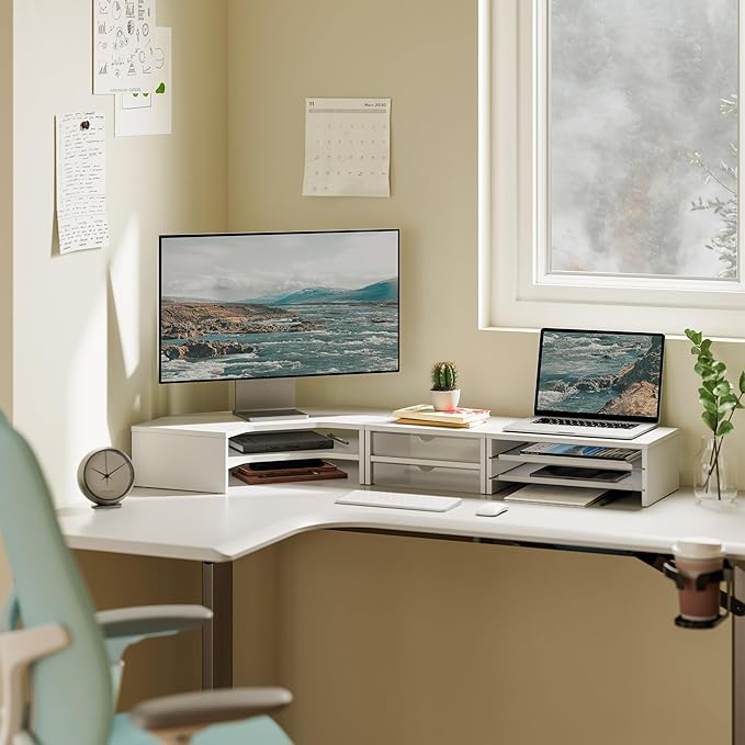 Fenge Dual Monitor Stand, Corner Monitor shelf with Drawer and Slide-Out Tray, 2 Tier Triangle Monitor Riser with Storage, Desk Shelf Organizer for Desk, Home Office, Computer, Laptop, Printer