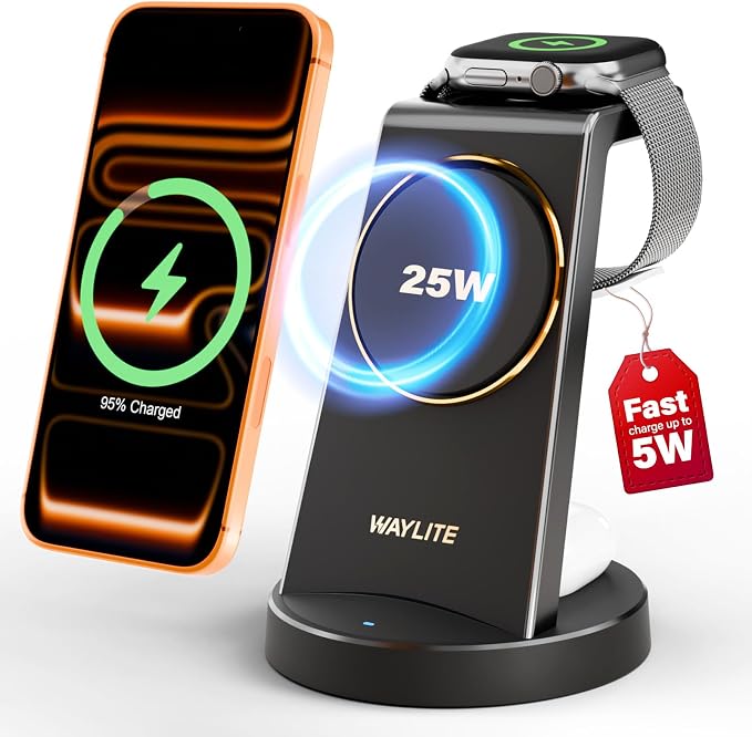 3 in 1 Fast Charging Station for iPhone, 25W Wireless Magnetic Phone Charger for iPhone 17 16e 16 15 14 13 12 Serise, Watch Charger Stand, Wireless Charging Station for AirPods 4 3 Pro, Black