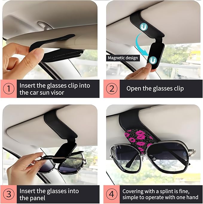 Sunglasses Holder for Car Visor, PU Leather Glasses Clip Organizer, Cute Magnetic Eyeglass Holder for Vehicle Sun Visor, Car Interior Accessory for Women & Men Hot Pink Lips Leopard