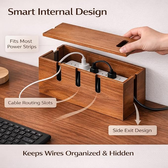 Cable Management Box for Desk & TV, Wooden Cord Hider Box for Power Strips, Chargers & Cords, Decorative Cable Organizer with 20 Reusable Cable Ties, Brown