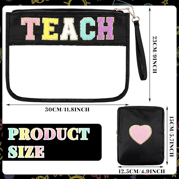 Hillban 2 Pcs Teacher Appreciation Gifts Teach Chenille Letter Clear Makeup Bag Pouch, Monogram PVC Clear Zipper Pouch with Wristlet Travel Cosmetic Bag Graduation Retirement Teacher Gifts for Women