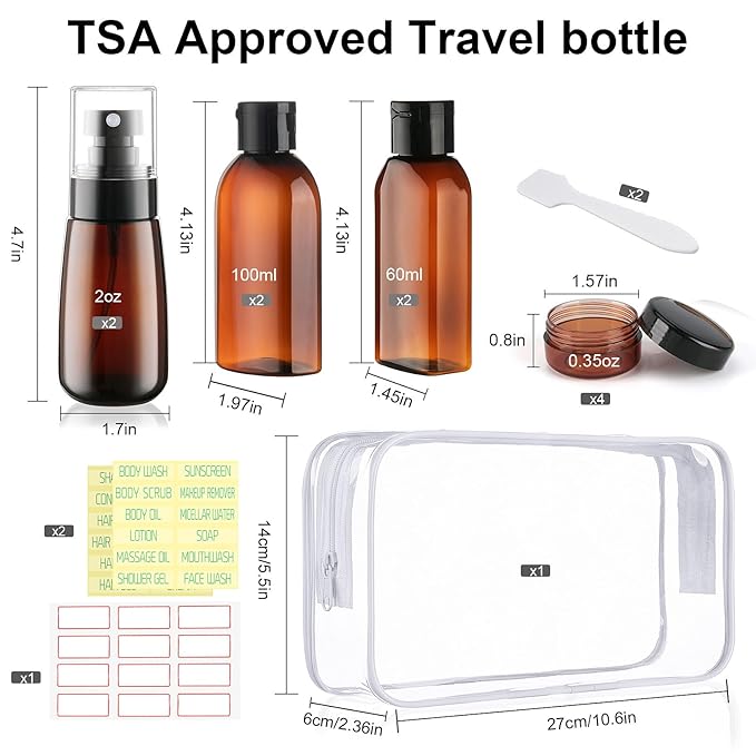 Travel Shampoo Bottles for Toiletries 10 Pack TSA Approved Travel Size Containers Leak Proof Plastic Small Cream Jars & Refillable Spray Bottle for Shampoo, Conditioner, Body Wash
