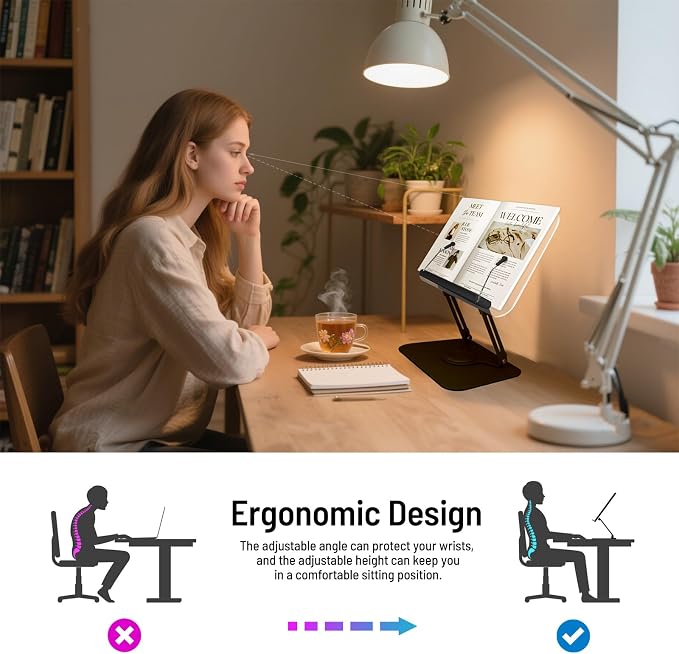 Acrylic Book Stand for Reading Hands Free - Adjustable 360° Rotating Cookbook Holder with Elastic Page Clips & Foldable Base, Multi-Angle Desktop Display Stand for Recipes, Laptops, Tablets, Bibles
