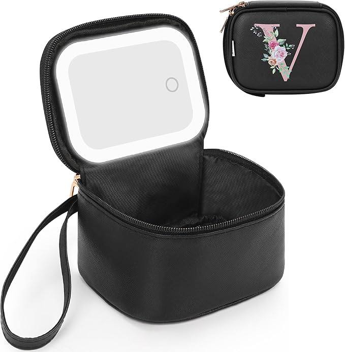 Relavel Mini Makeup Bag with Led Mirror, Initial Cosmetic Bags for Women, Travel Make Up Pouch with 3 Light Modes, Personalized Gifts for 11 12 13 14 15 16 17 18 Years Old Girl - Black V